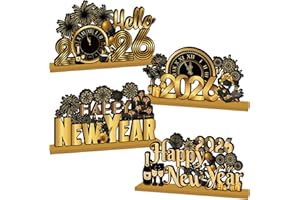 CHYAGCLT 4Pcs Happy New Years Decorations 2026 Wooden Table Decorations Black Gold New Years Eve Party Supplies 2026 Happy New Year Table Centerpieces for Nye Party Decor