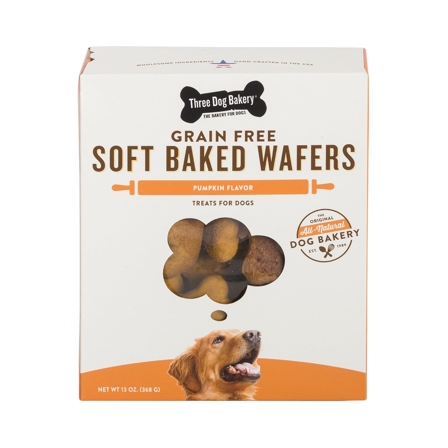 Three Dog Bakery Grain Free Wafers Baked Dog Treats, Pumpkin, 13 oz