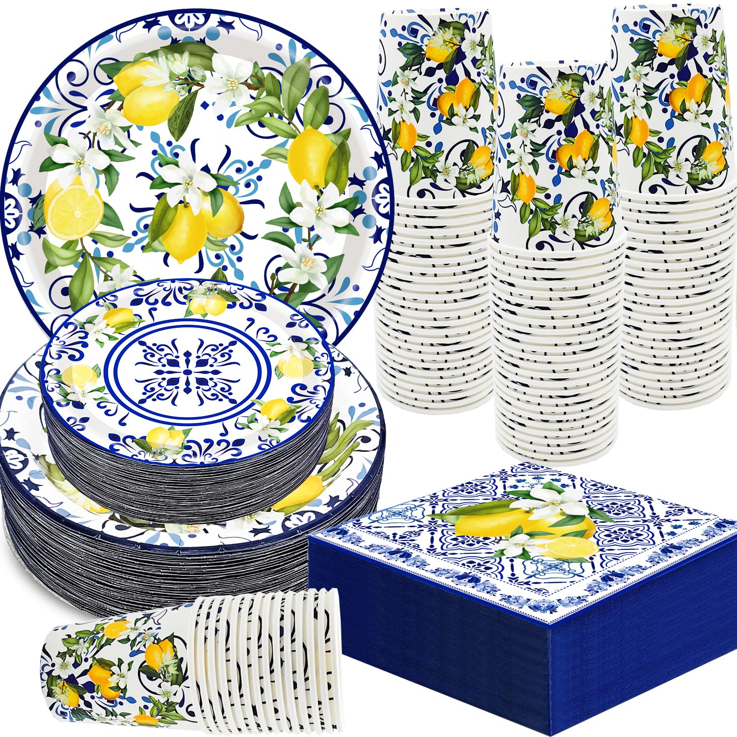 Photo 1 of 100Pcs Capri Lemon Party Supplies Blue Tiles Yellow Lemon Party Tableware Set 9"& 7"Capri Lemon Paper Plates and Napkins Cups for Lemon Birthday Party Decorations Serves 25