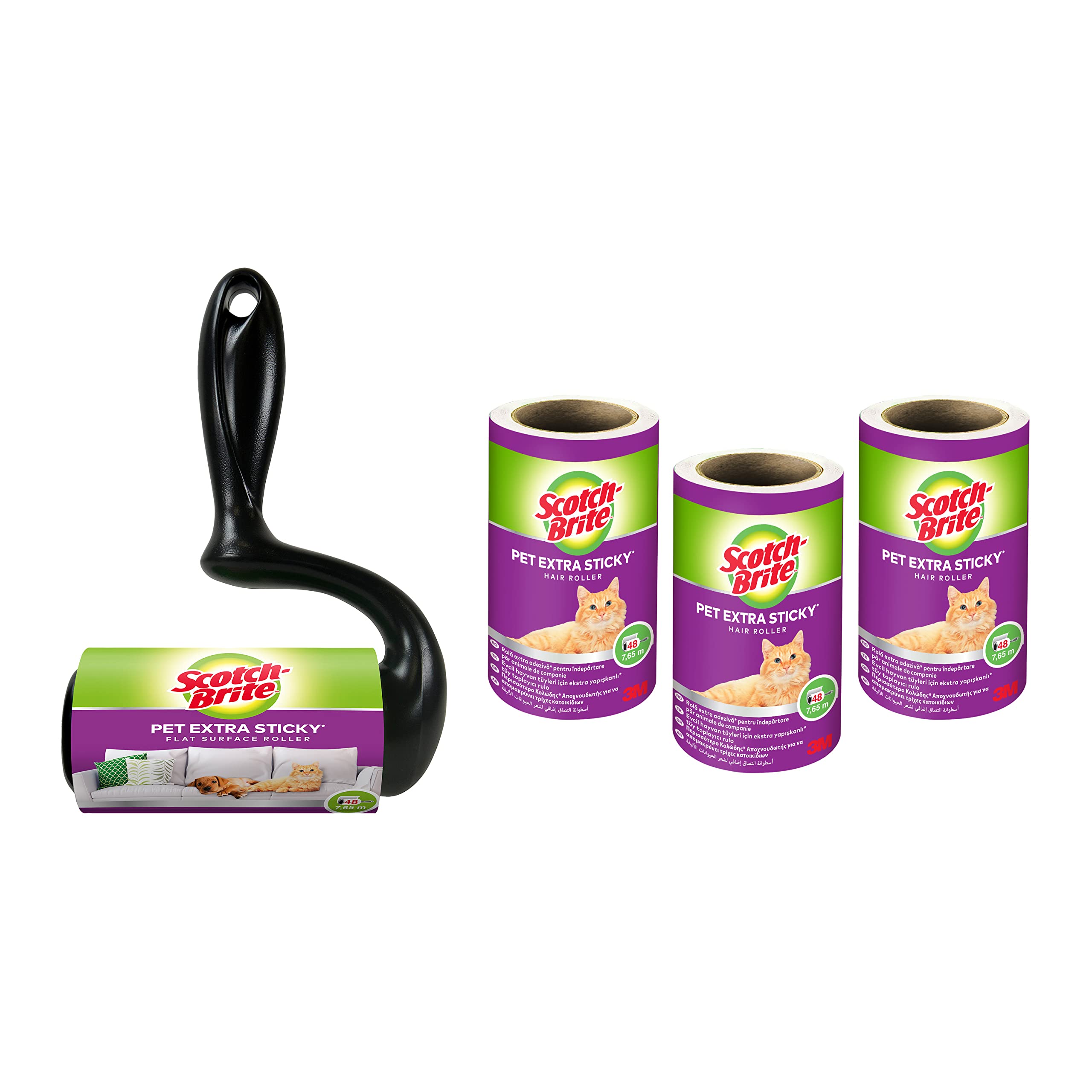 Scotch-Brite Large Surface Extra Sticky Hair Roller + Refill - 4 Pack, 48 Sheets, Weiß