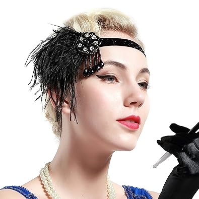 Babeyond 1920s Flapper Headband 20s Great Gatsby Headpiece Black