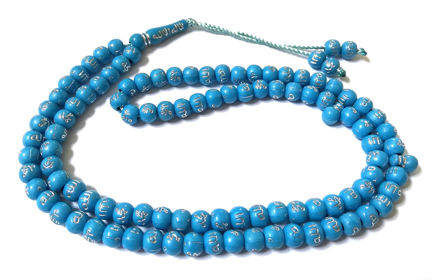 Islamic Muslim Prayer Beads Tasbih with Allah & Muhammad Engraved (99 beads) (Sky Blue with