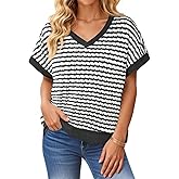 Tankaneo Womens V Neck Short Sleeve T-Shirts Oversized Knit Striped Tops 2026 Trendy Casual Loose Tees