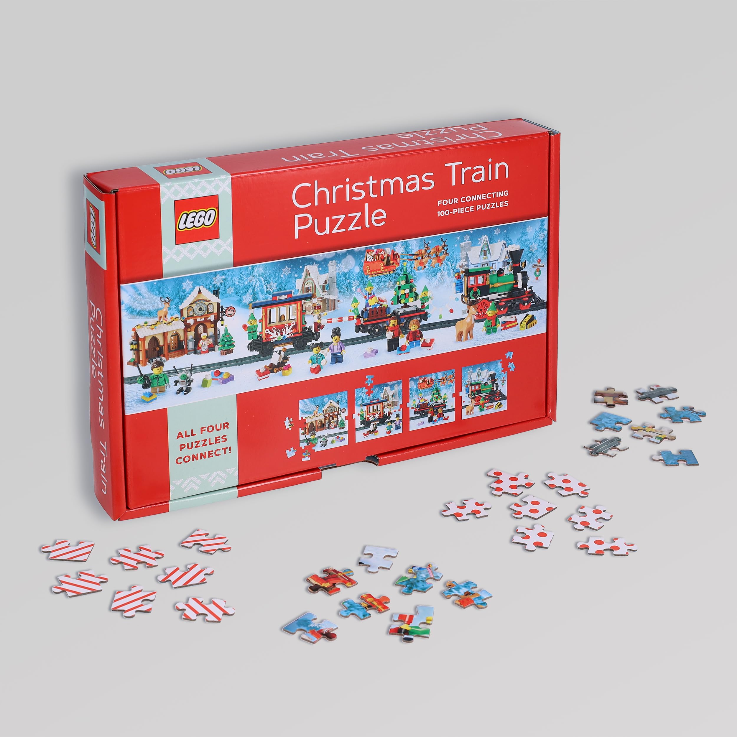 Lego Christmas Train Puzzle | Four Connecting 100-Piece Jigsaw Puzzles