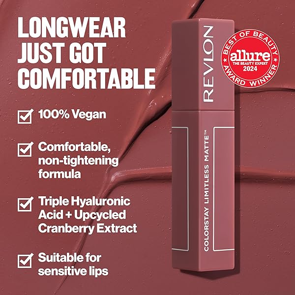 REVLON COLORSTAY LIMITLESS MATTE LIQUID LIPSTICK, VEGAN FORMULA, NO-BUDGE, LONGWEAR LIP COLOR, LONG LASTING, LIGHTWEIGHT/COMFORTABLE, WATERPROOF, 015 HYPE GIRL, 0.17 FL OZ