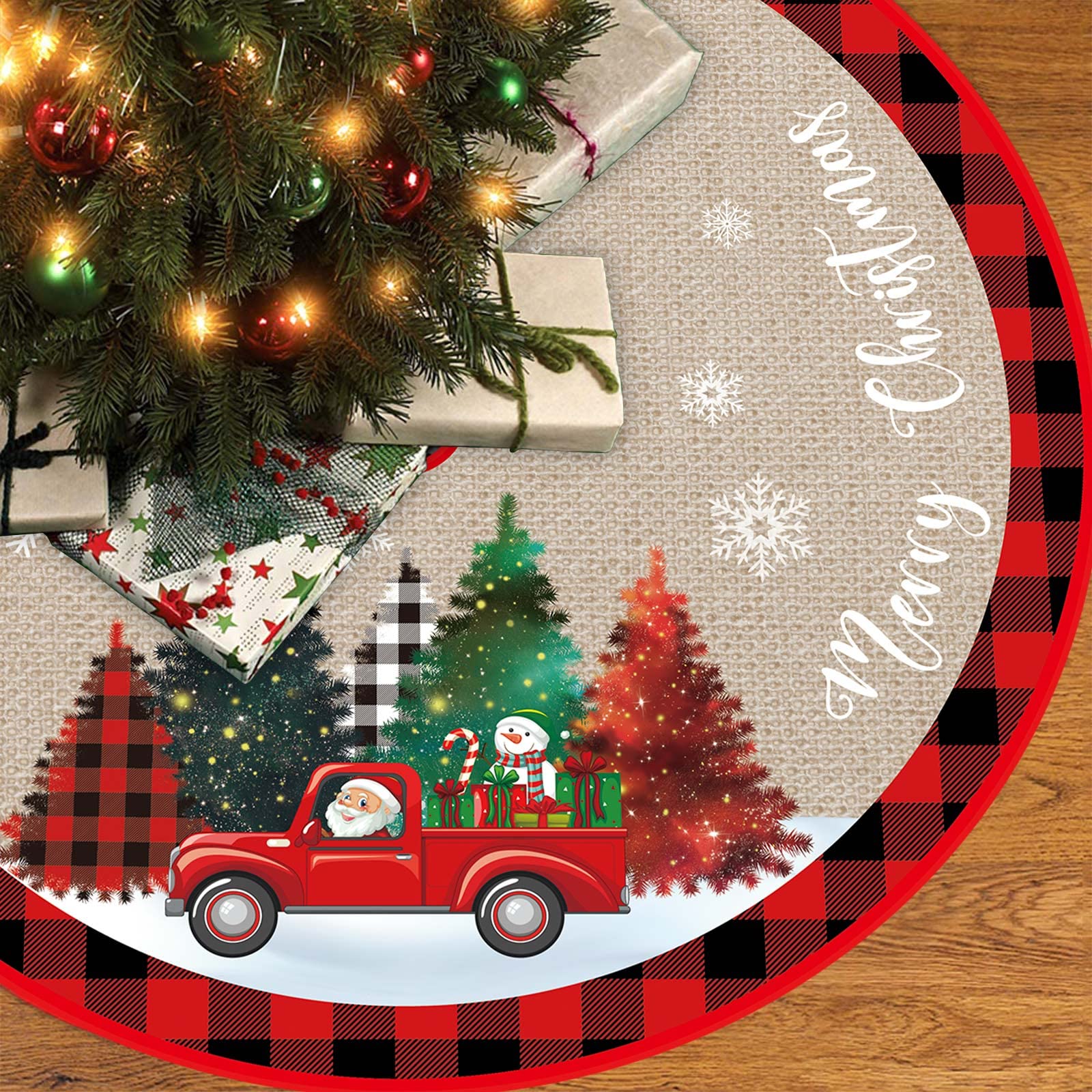Christmas Tree Skirt, 48 Inch Large Rustic Red Black Buffalo Plaid Check Trucks & Christmas Snowman Tree Skirt Cover, Polyester Tree Mat for Winter Holiday New Year Decoration Indoor Outdoor