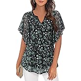 Furnex Women's Short Sleeve Tops Dressy Casual V Neck Double Layers Blouses Floral Mesh Tunics Tops