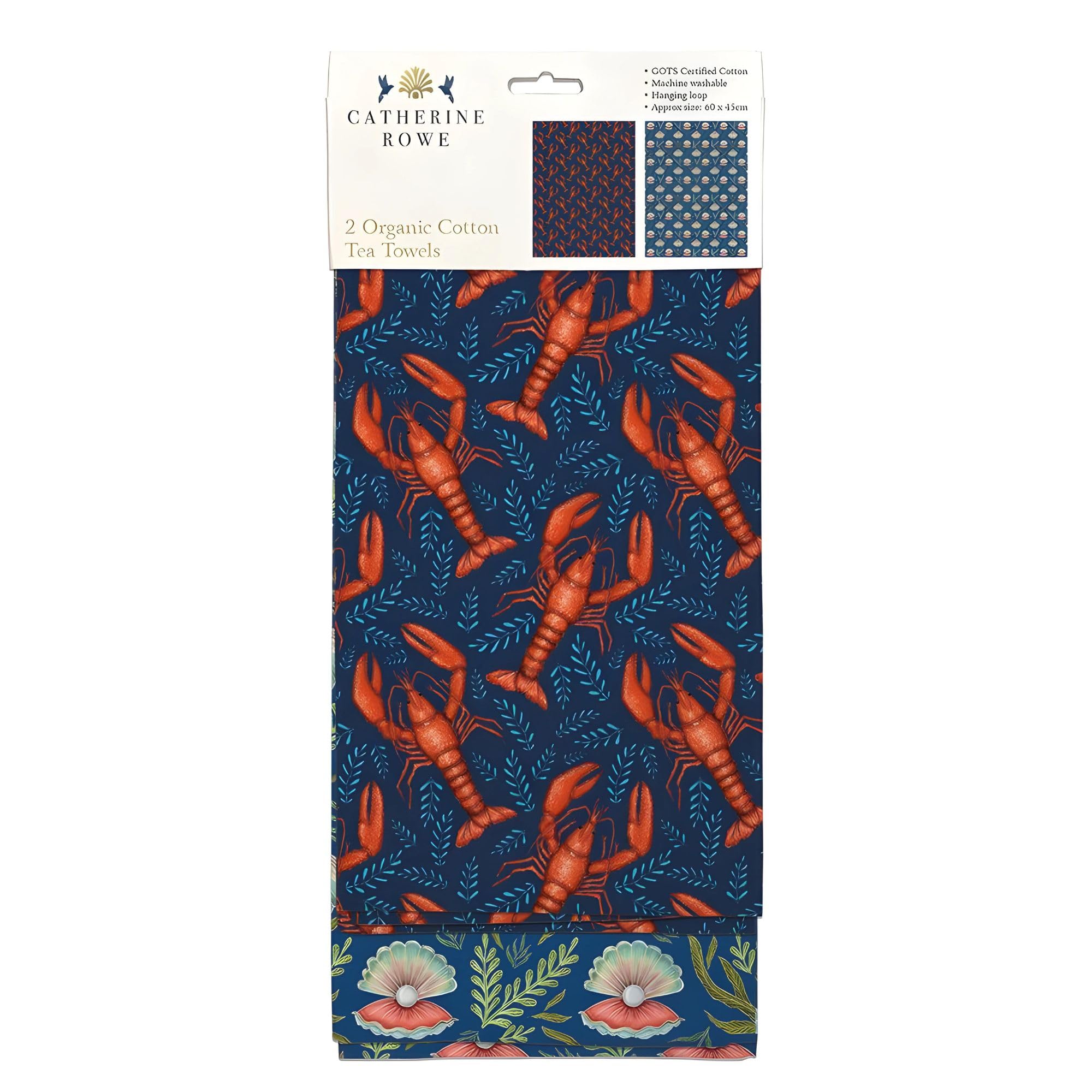 Museums & Galleries Tea Towels - Organic Cotton - Artistic Design Lobsters and Oysters by Catherine Rowe - Set of 2 - Stylish Home Accessory