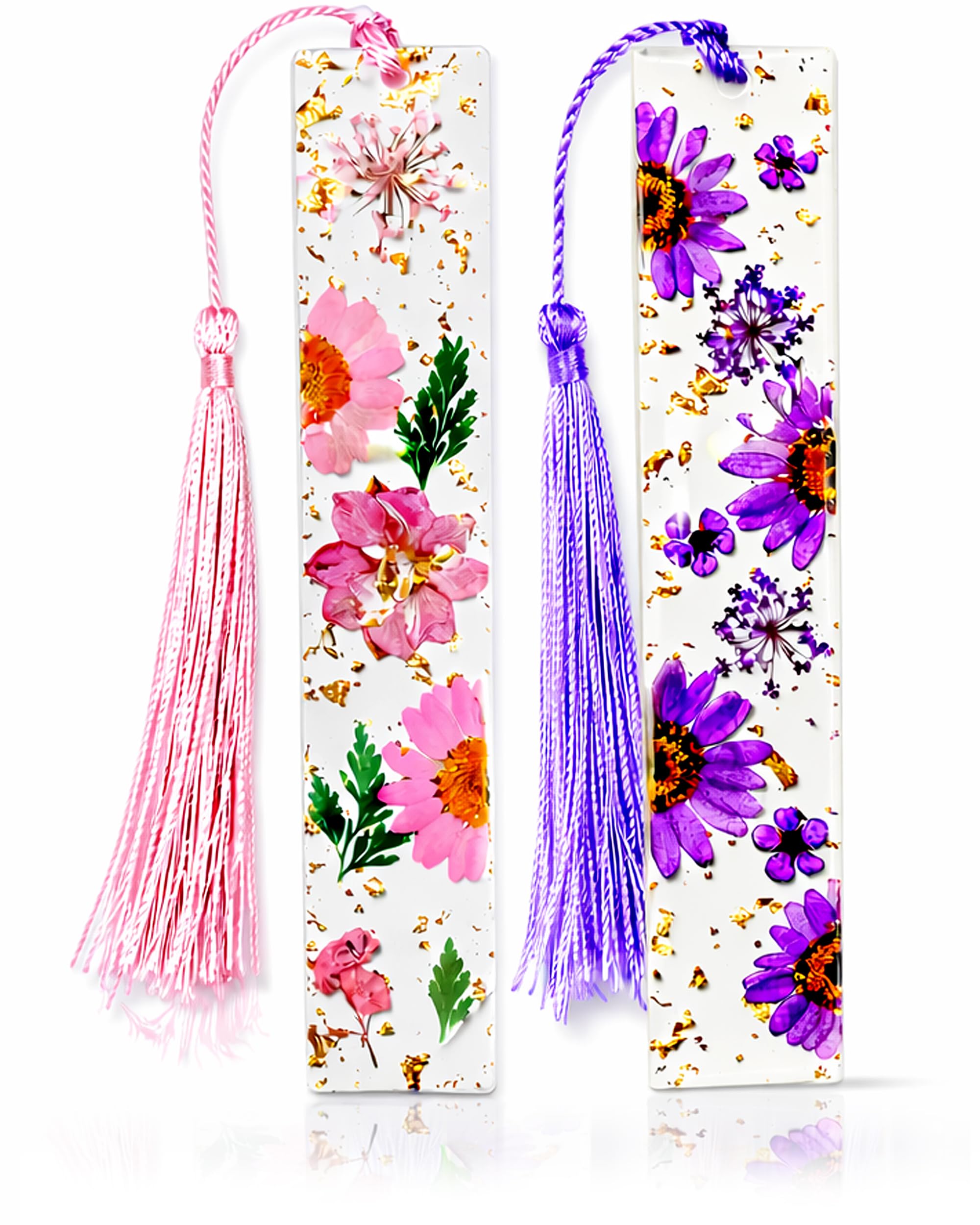 Pressed Flower Bookmarks (2 Pack) Clear Dried Floral Resin with Tassels Handmade Gift for Women, Students, Bookworms, Book Lovers, Accessories to Increase Reading Interest