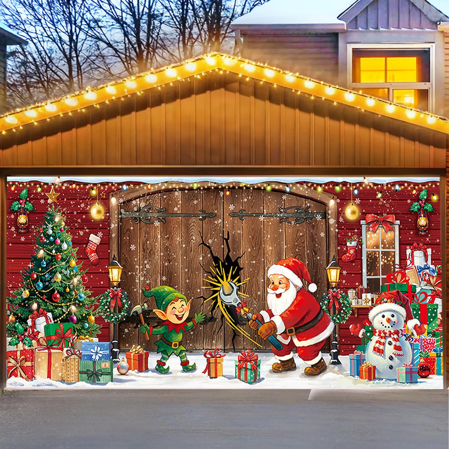 View 1 of 16x7ft Christmas Garage Door Cover Decoration, Large Santa Claus & Elf Backdrop, Merry Christmas Garage Door Banner, Outdoor Holiday Decoration for Garage, Porch, Yard