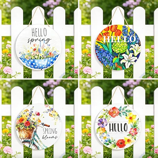 4 PCS HELLO SPRING DECORATIONS FOR HOME, COLORFUL FLOWERS WOODEN HANGING SPRING DOOR SIGN, WELCOME FLORAL LANDSCAPE WALL ART HANGER FOR FRONT DOOR DECORATION, 11.81″X11.81″ PROCH WREATH DECOR