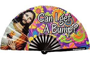 PandaTak Pride Festival Handheld Fan – Large 13" Bamboo Hand Fan Foldable with UV Reactive Ink – Funny Rave Accessory for Parties, Concerts, and Festival Outfits (Can I Get a Bump Jesus)