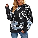 RMCMS Cute Dinosaur Graphic Pullover Sweaters for Women Long Sleeve Crewneck y2k Vintage Oversized Casual Knit Sweaters