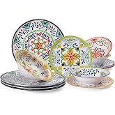 ZAROCRUS 12 pcs Talavera Melamine Dinnerware Set, Service for 4 | lightweight Plates and Bowls Set, Unbreakable Dishes Dinnerware Set , Great for RVs, Camping, BPA Free and Dishwasher Safe