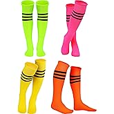 SATINIOR 4 Pairs Colorful Neon Knee High Socks Colorful Striped Football Soccer Athletic Socks for Adult Women