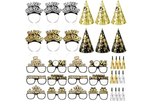 YVAINE New Years Eve Party Supplies 2026 - Pack of 36, Happy New Year Decorations Pack Include 6 Headband Tiaras 6 Cone Hats 12 New Year Eyeglasses and 12 Noise Makers for New Year Party