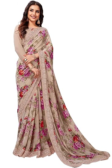 Women's Georgette Saree With Unstitched Blouse Piece (KAMINI12-9605_Brown & Grey)