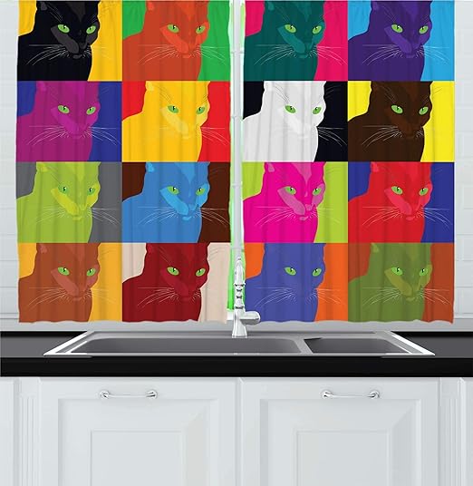 Amazon Com Ambesonne Cat Kitchen Curtains Pop Art Style Featured