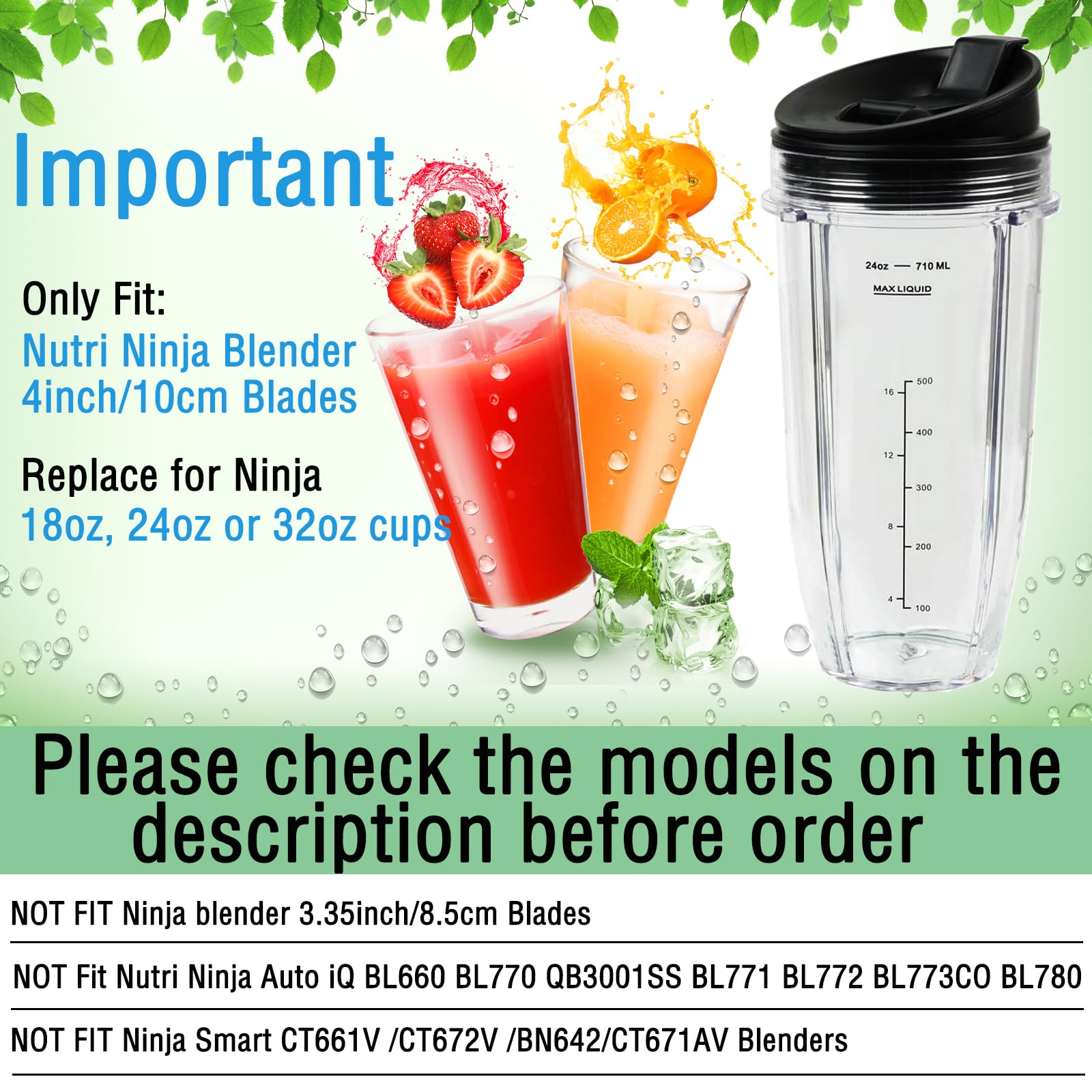 Blender Cups Replacement for Ninja Blender, Blender Replacement Parts 24oz Blender Cups Compatible with Ninja BN401 BN751 BN801 BL450 BL456 BL480 BL642 BL682 NN102 SS401 SS101 TWISTi SS151 SS351