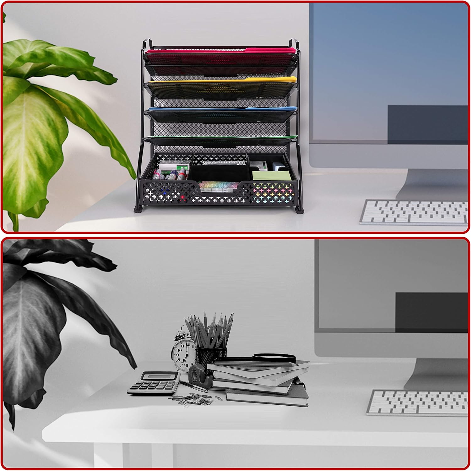 Simple Trending 5-Trays Mesh Desk File Organizer Vertical Document Letter Tray Wall File Holder with Plastic Drawer Organizer for Office Home, Black : Office Products