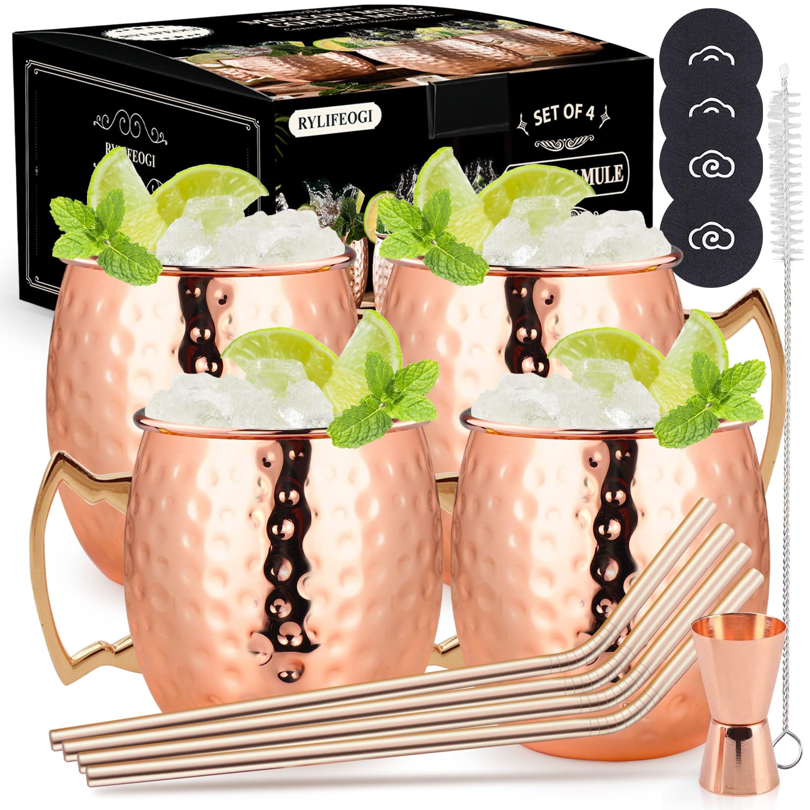 RYLIFEOGI Moscow Mule Mugs Set of 4, Copper Cups 19oz with Jigger Straws Coasters Gift Set for Bar, Home Party