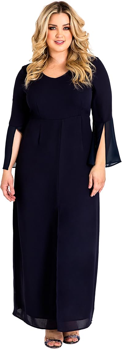 Blue Slit Flare Bell Sleeve Maxi Dress 
