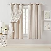 Bujasso Beige 80% Blackout Curtains with Sheer Overlay Mix and Match Double Layer Thermal Insulated Window Panels 63 inch for Living Room Bedroom Beige Drapes with Tiebacks Grommet Top 37" Wx63 Lx2