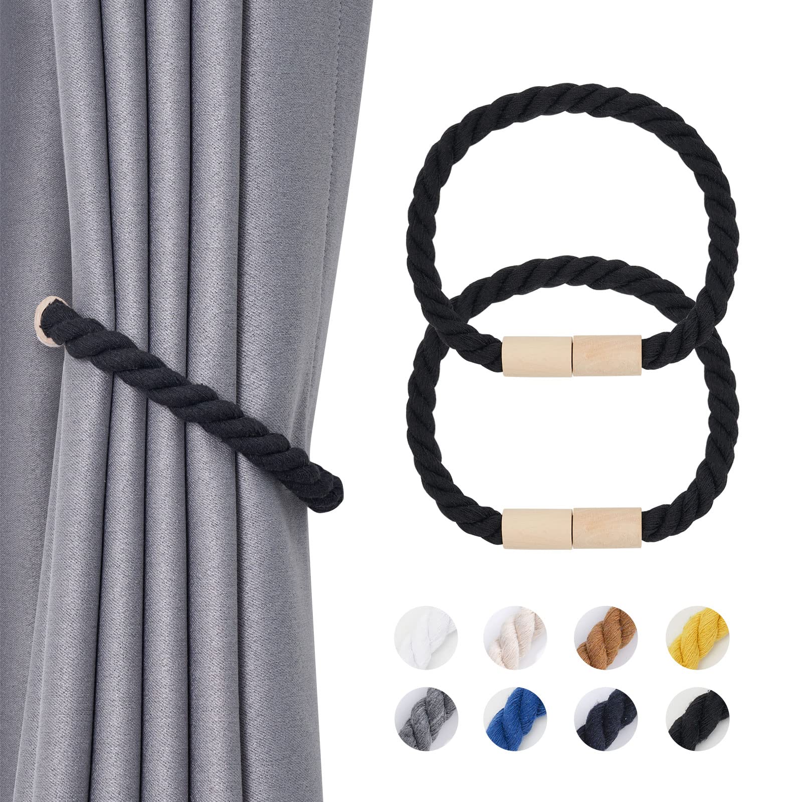 Pretty Jolly 2 Pack Wooden Magnetic Curtain Tiebacks Boho Home Decoration Drape Tie Backs Natural Cotton Handmade Rope Curtain Holdbacks for Thin or Thick Home & Office Window Drapery (Black)