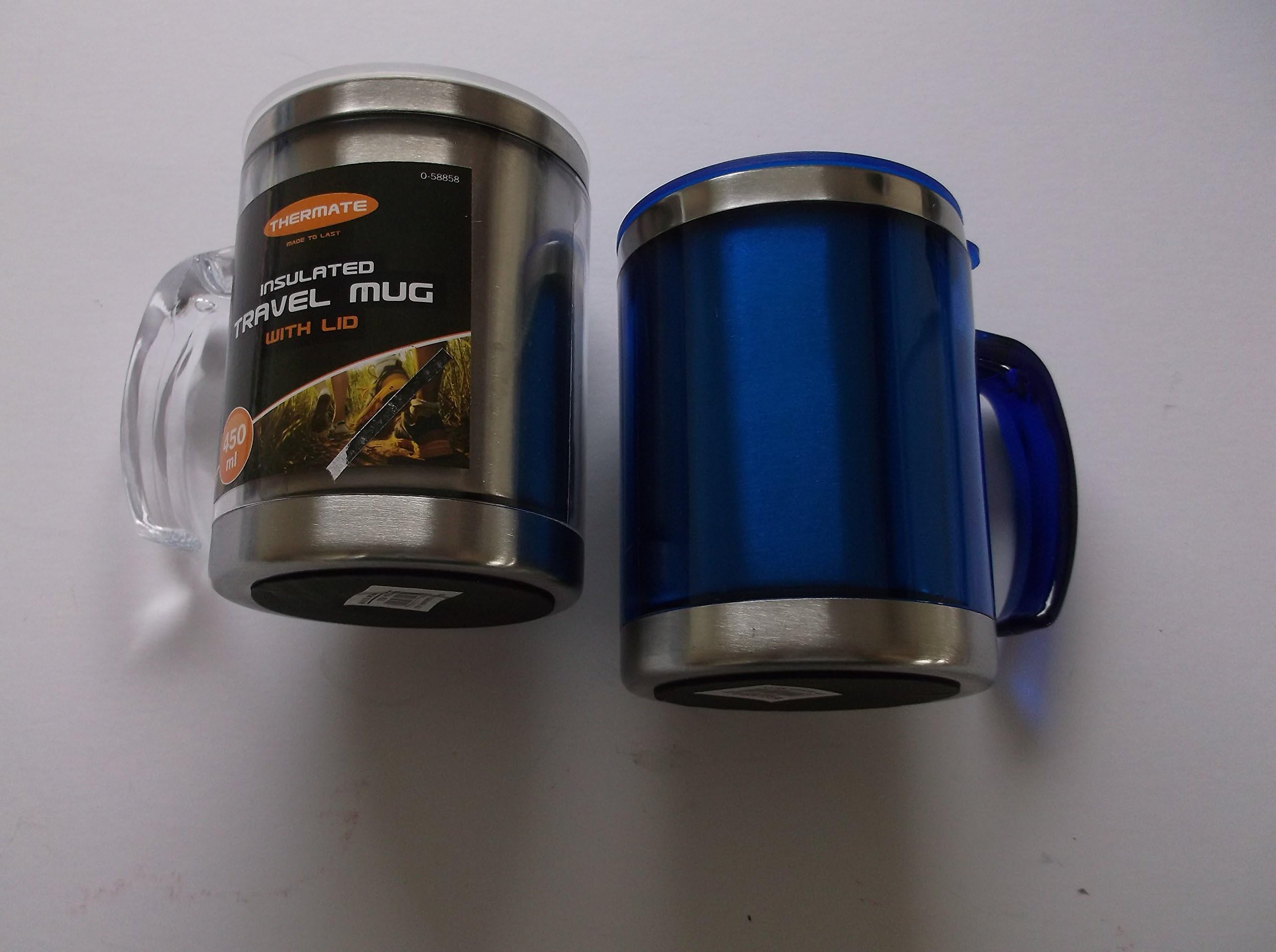 2 x Thermal Insulated Travel Mug Coffee Tea Flask Cup Removable Lid 450ml 60oz Siver & Blue