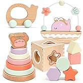 Pillowhale Montessori Wooden Toys Set for Toddlers 12M+ – 4-in-1 Educational Toy with Stacking Rings, Shape Sorter, Bead Maze & Push Car