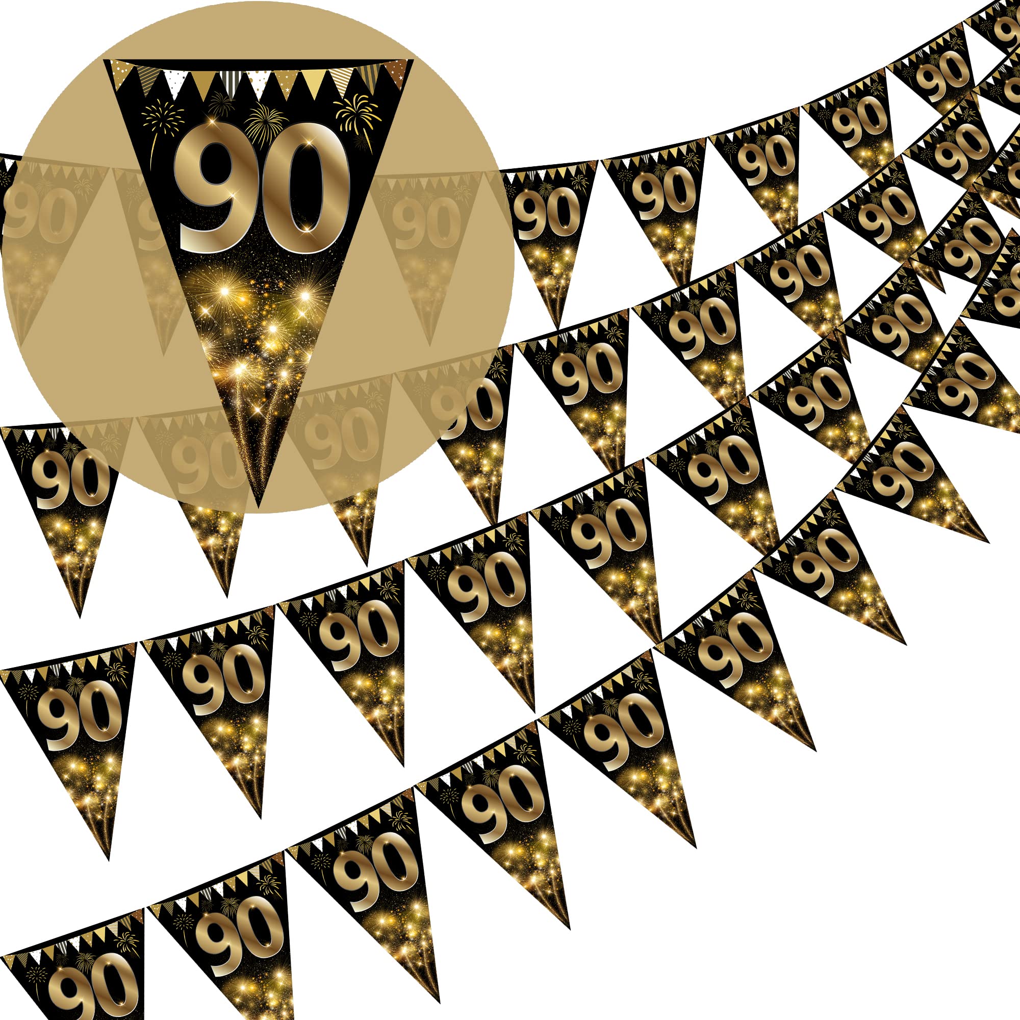 40Pcs Happy 90th Birthday Banner Bunting Flags Gold and Black Glitter Birthday Anniversary Party Decoration Supplies,Triangle Flag Banners for Men Women