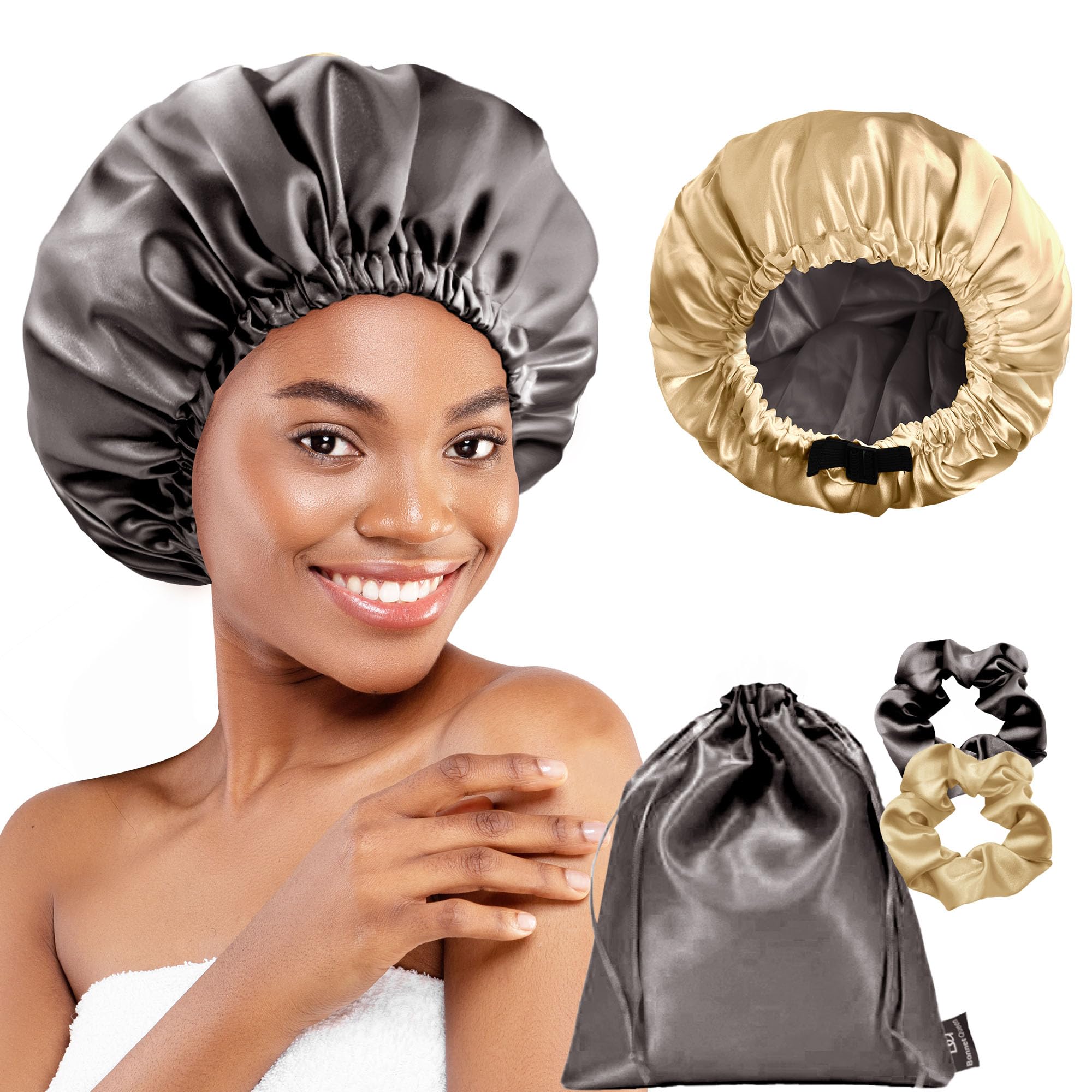 BONNET QUEEN Dual-Layer Reversible Silk Sleep Bonnet with Adjustable Elastic Band, Ladies' Night Cap for Curly Long Natural Straight Hair Wigs, Gold Grey