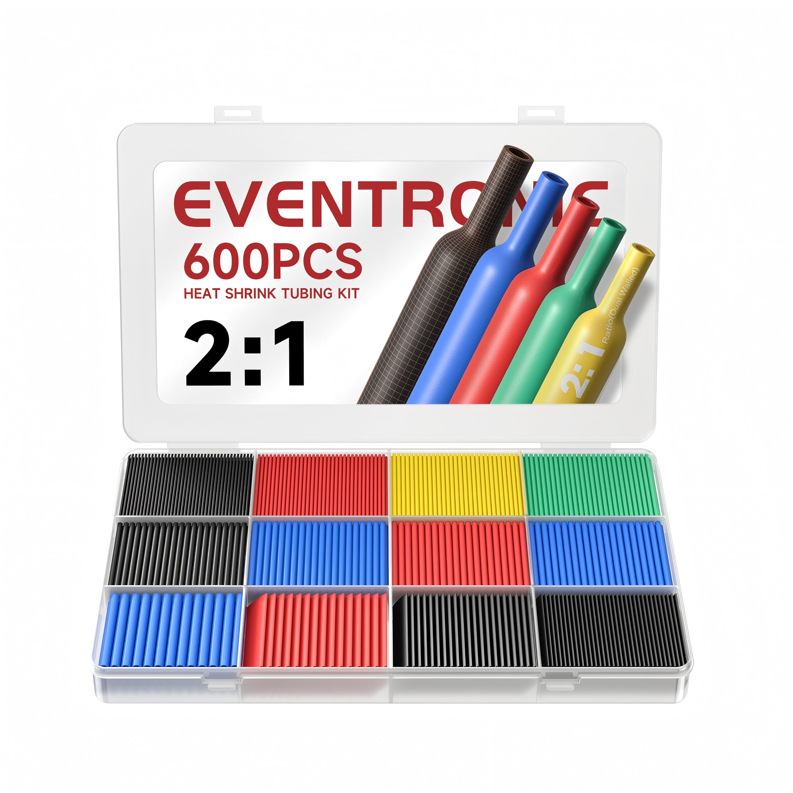 Eventronic Heat Shrink Tubing 600Pcs, 12 Sizes, EVA Material Upgrade, IP56 Waterproof Heatshrink Sleeving Kit, in Total 27m, 5 Colors, Ideal for Electrical Insulation and Wire Connector, Never Fading