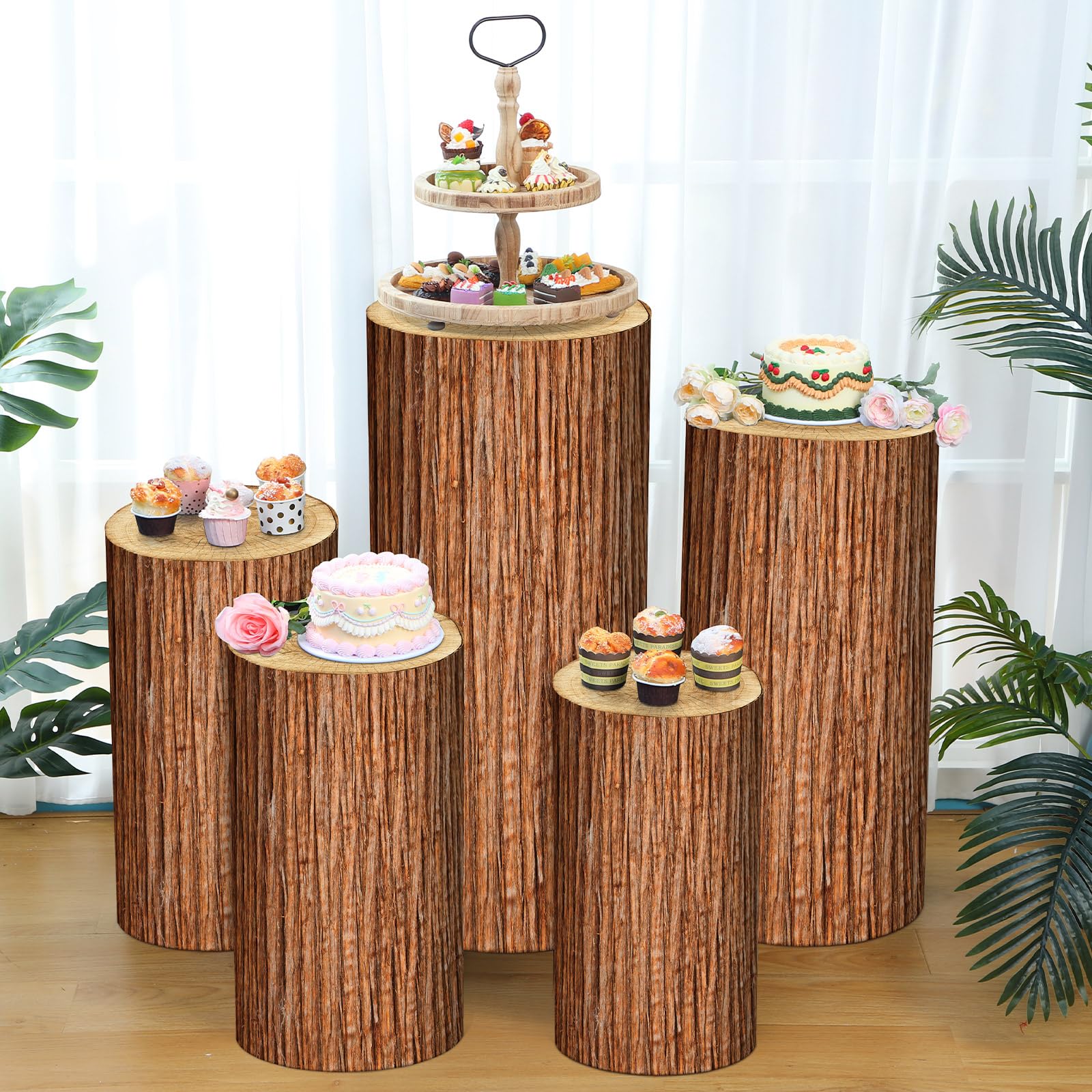 Photo 1 of FairySandy Set of 5 Wooden Texture Cylinder Stand Covers Spandex Pedestal Stand Cover for Party Wedding Baby Shower Birthday Decorations Only Contains Assorted Size Elastic Cylinder Cover(Wood Color)