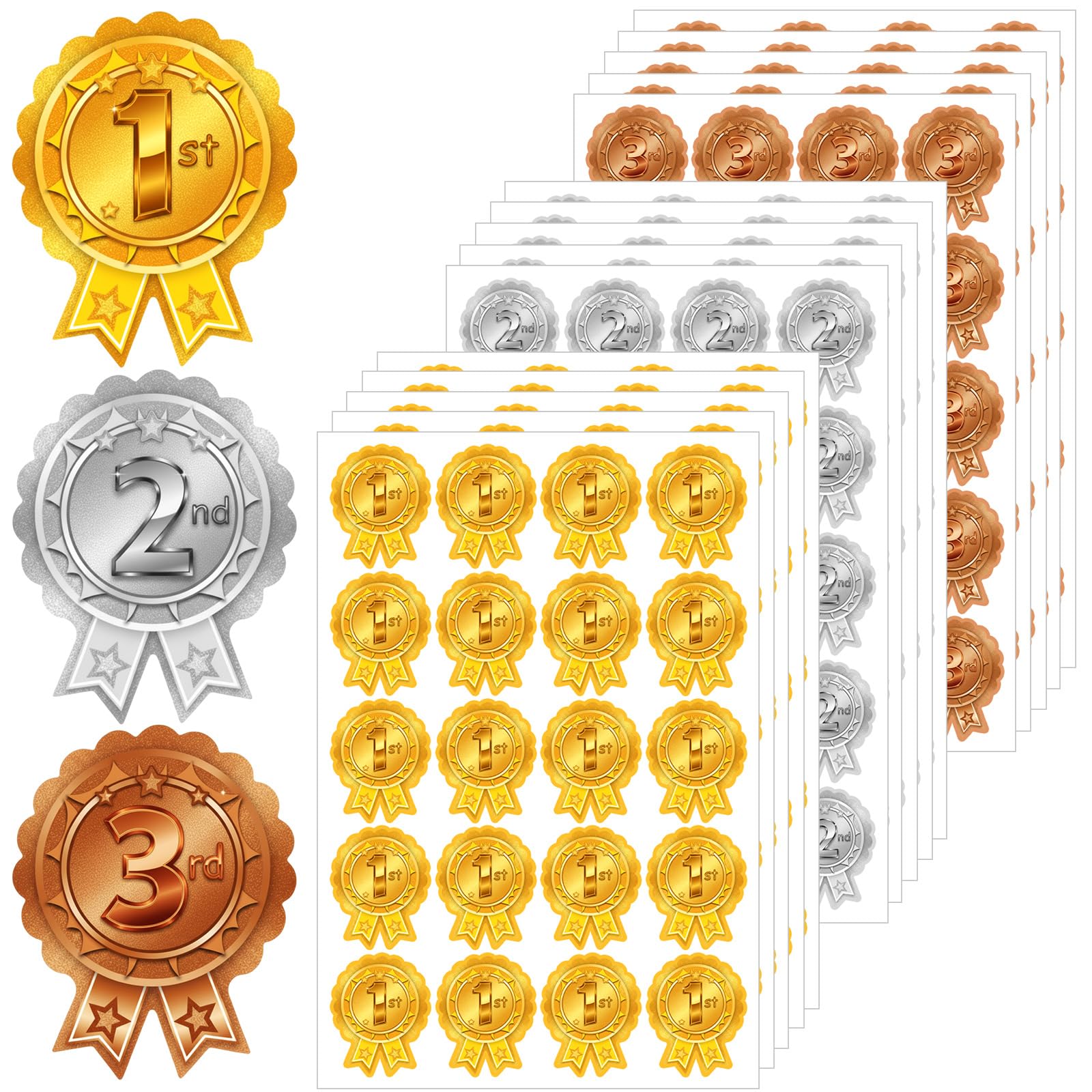 Tenare 300 Sports Day Stickers for Kids, 240 Star Animal & 60 1st 2nd 3rd Rosette Award Stickers for School PE Events, Competitions and Classroom Rewards(Metallic Style)