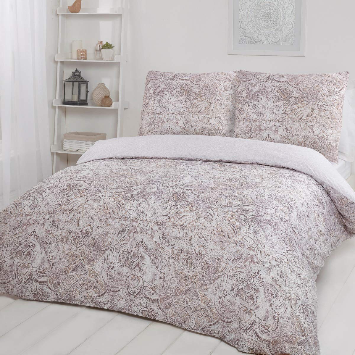 Sleepdown Paisley Warm Grey Ultra Soft Easy Care Hypoallergenic Subtle Print Reversible Duvet Cover Quilt Bedding Set-135cm x 200cm + 1 Pillowcase 80cm x 80cm, Microfiber, 135 x 200cm + 1 x 80 x 80cm