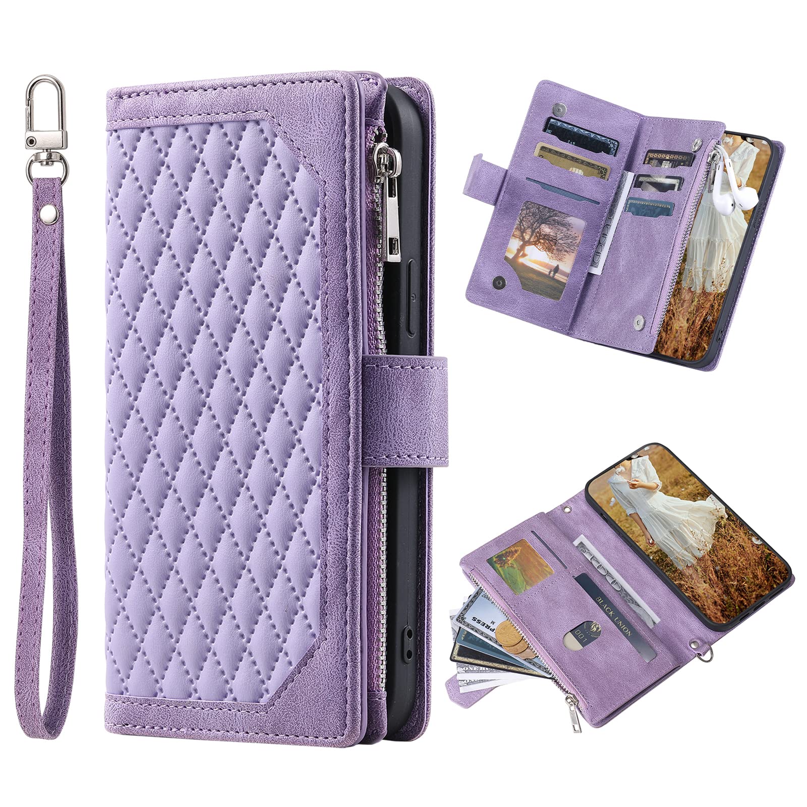 Wuhaizher Google Pixel 7A Phone Case Zipper Pocket Flip Shockproof Leather Folio Wallet Case with 6 Card Holder Slots Stand Silicone Bumper Zip Cover for Google Pixel 7A Case Girls Women, Purple