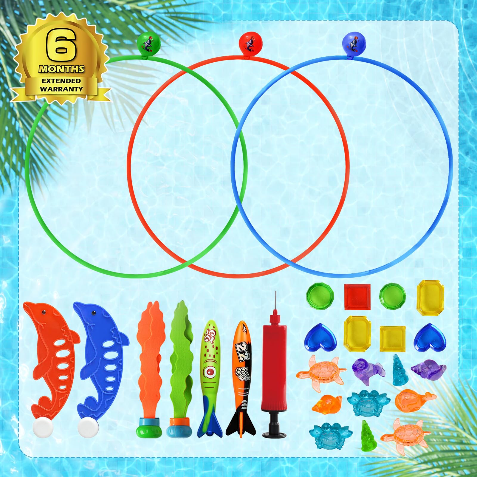 Jasonwell Pool Toys Diving Rings - 28PCS Swim Thru Rings Pool Game Diving Toys with Dive Ring Underwater Treasures Torpedo Bandits Fish Toy Fun Water Swimming Toy for Boys Girls Kids Teens Adults