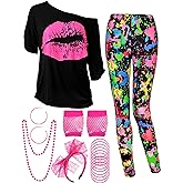 Blulu 80s Women Costume Set, Lips Print off Shoulder T-shirt, Geometric Legging Pants Earring Necklace Gloves Bracelet