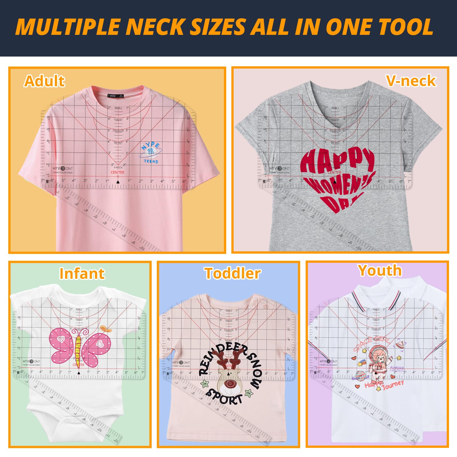 HTVRONT Tshirt Ruler Guide for Vinyl Alignment - Transparent PVC Tshirt Measurement Tool for Heat Press in HTV Vinyl, All-in-ONE T Shirt Ruler to Center Design and Craft Sewing