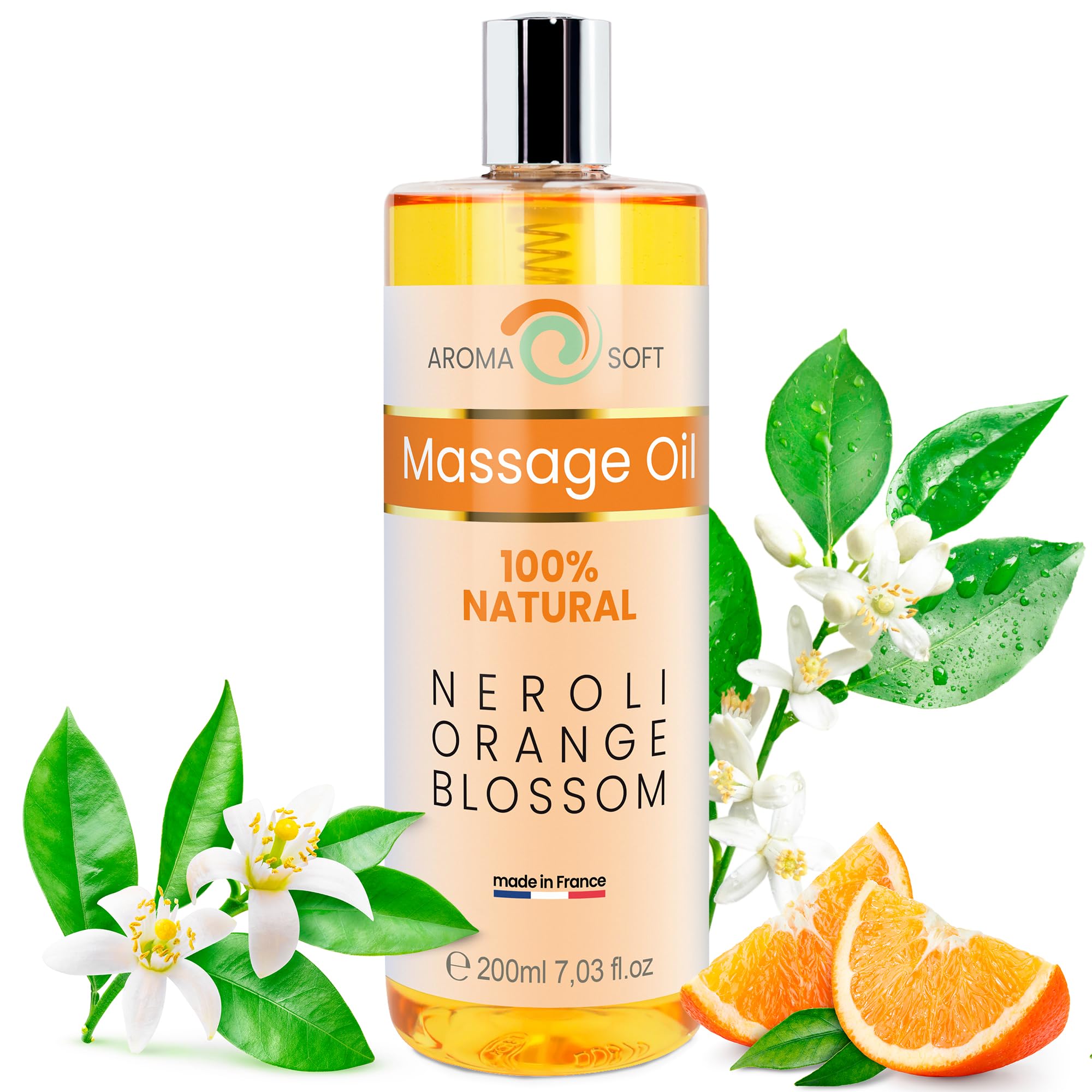 bleu & marine Bretania - 100% Natural Orange Blossom and Grapeseed Oil | Luxurious Body Massage Oil | Aromatherapy Spa Experience | Skin Moisturiser and Lubricant | Stress Relief, 200ml.