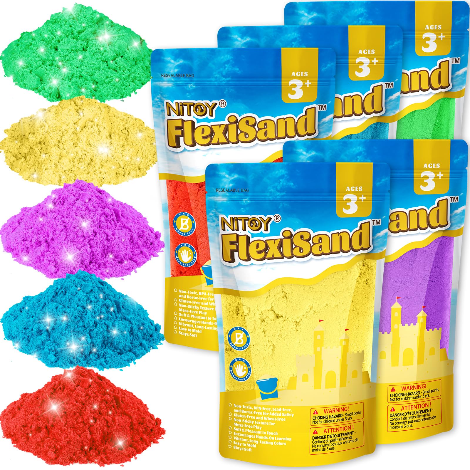 NiToy Play Sand, FlexiSand Value Pack 11lbs/5kg of 5 Colored Moldable Self-Sticking Sand, Never Dries Out - Fun for Kids Bulk Refill for Sensory Sand Box Toys, Ideal for Shaping, Squeezing