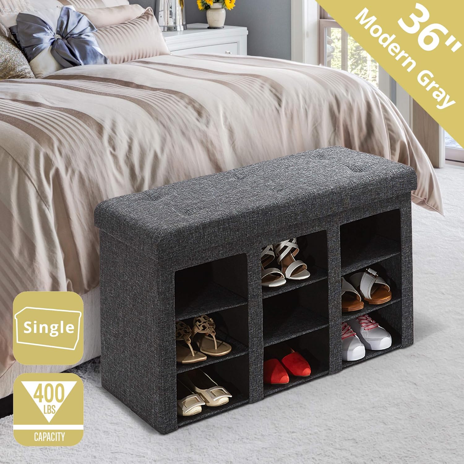 Seville Classics 31.5" Foldable Tufted Storage Bench Footrest Toy Chest Coffee Table Trunk Ottoman, Single, Charcoal Gray: Kitchen & Dining