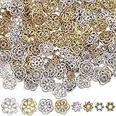 SUNNYCLUE 1 Box 240Pcs 8 Styles Metal Flower Beads Floral Bead Caps Gold Silver Alloy Tibetan Antique Hollow Flowers End Charm Spacers for Jewelry Making Bracelets Necklace DIY Crafts Accessories