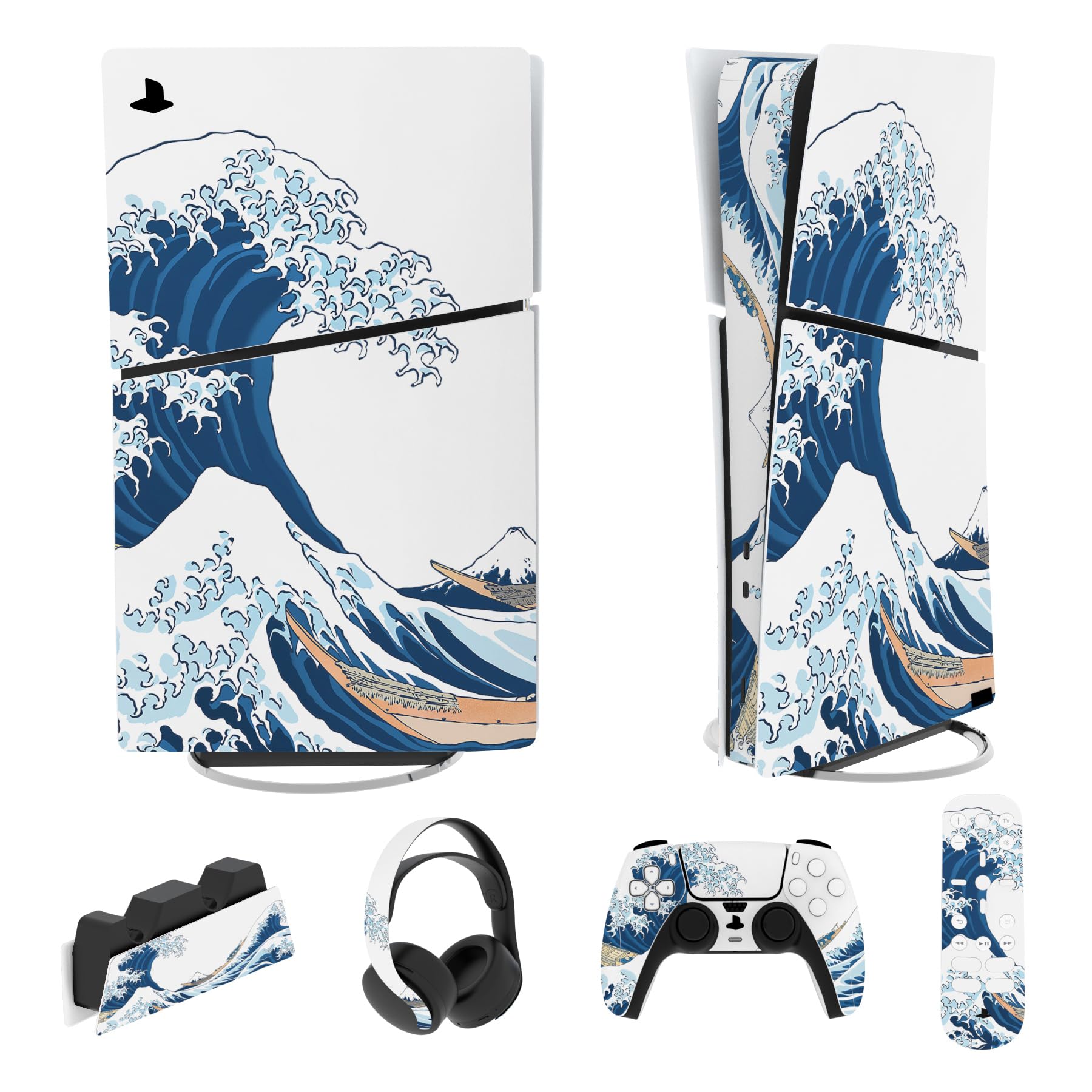 Photo 1 of PlayVital Full Set Skin Sticker for ps5 Slim Console Digital (The New Smaller Design), Vinyl Decal Cover for ps5 Controller & Headset & Charging Station & Media Remote - The Great Wave Off Kanagawa