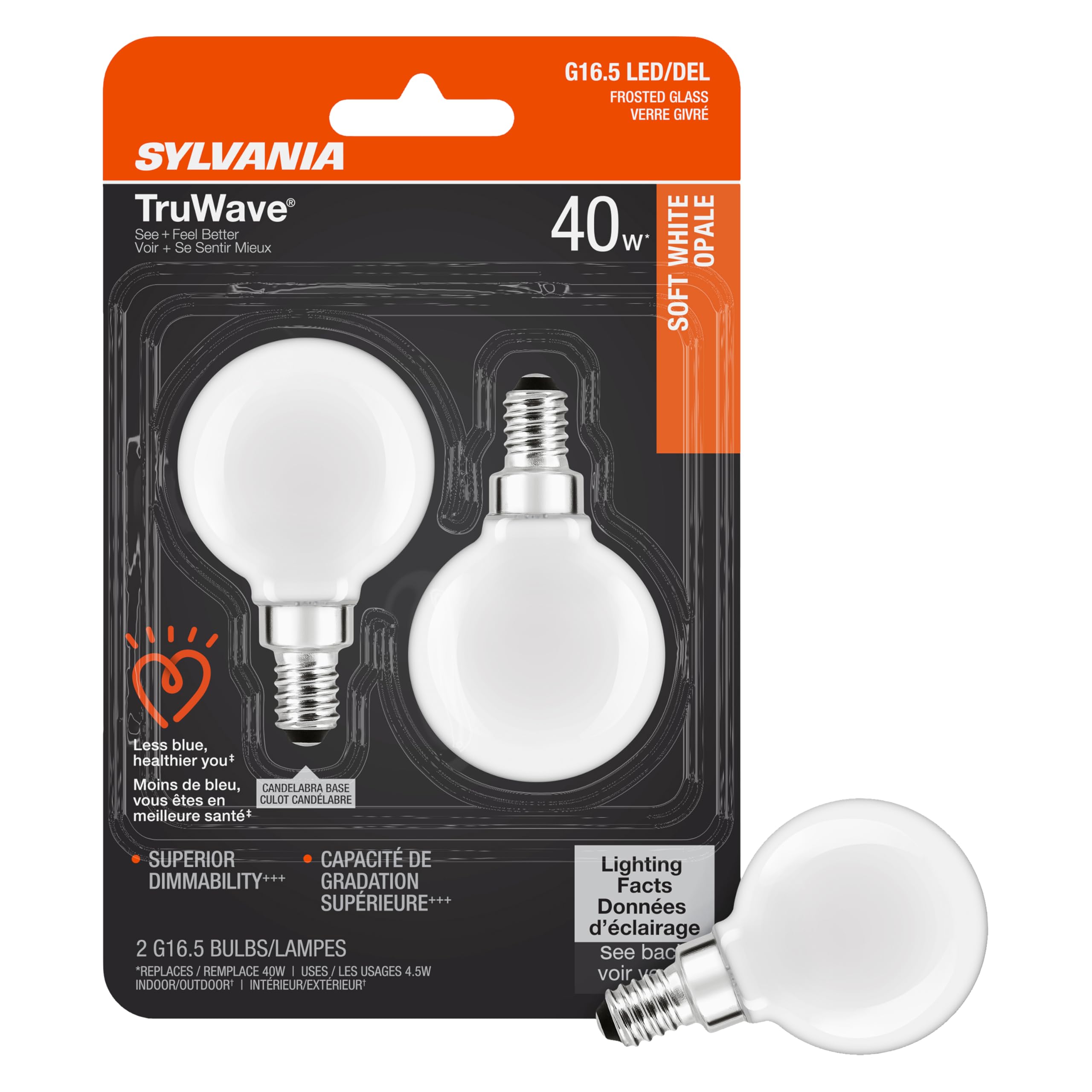 Photo 1 of SYLVANIA LED TruWave Natural Series Décor Globe G 16.5 Light Bulb, 40W Equivalent, 4.5 Efficient, Candelabra Base, Dimmable, 350 Lumens, 2700K, Frosted, Soft White - 2 Pack (40797)