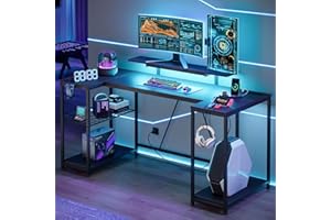 Bestier Gaming Desk with LED Lights & Power Outlets, 63 inch U Shaped Computer Desk with Monitor Stand & Storage Shelves, PC Desk with Cup Holder & Hook for Home Office, Black 3D Carbon Fiber
