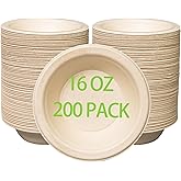 emlifepak 16 oz Compostable Paper Bowls 200pack, Heavy-Duty, Eco-Friendly, Bulk Pack, Disposable Bowls, Biodegradable Made of Sugar Cane Fibers, Hot or Cold Use(natural)