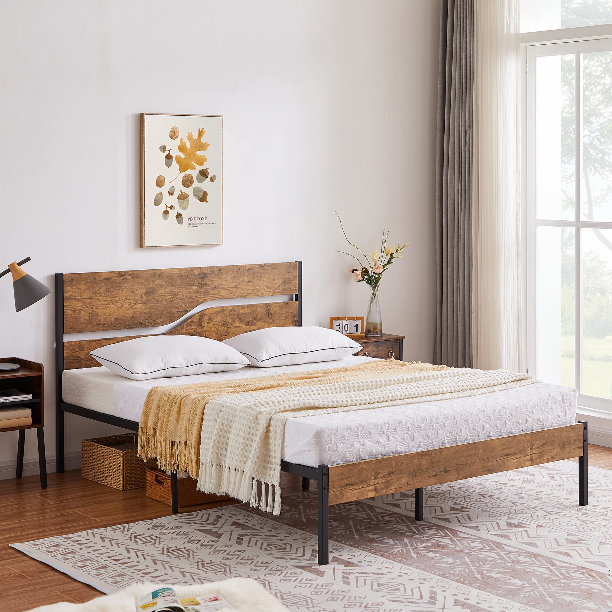 Photo 1 of VECELO Platform Bed Frame Queen Size with Rustic Vintage Wood Headboard, Mattress Foundation, Strong Metal Slats Support, No Box Spring Needed