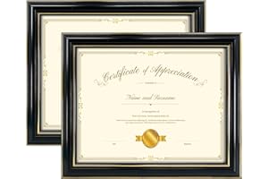 Hodeframe Certificate Diploma Frame 8.5x11,Black Finish with Gold Trim for Wall and Tabletop,Solid Wood & UV Protection Acrylic, 2 Package